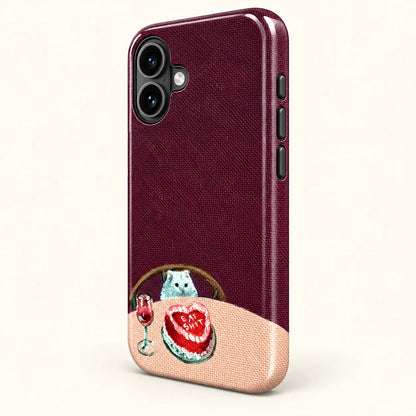 Full-wrap burgundy textile cat and heart cake phone case print detail