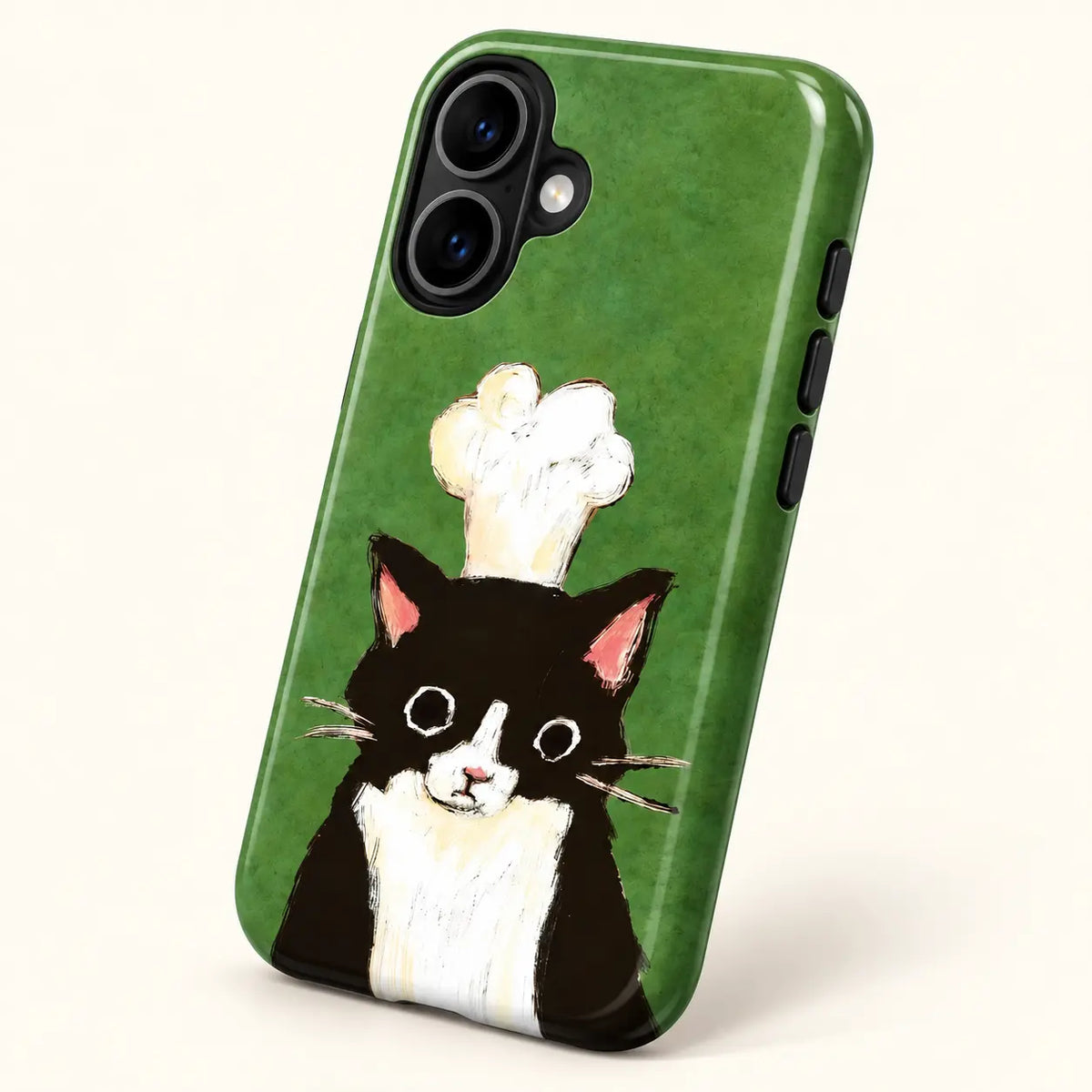 Full-wrap forest-green tuxedo chef cat phone case print detail