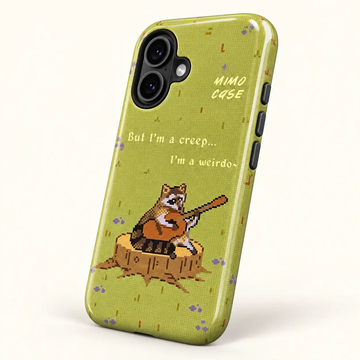 Full-wrap green woven pixel raccoon and guitar phone case print detail