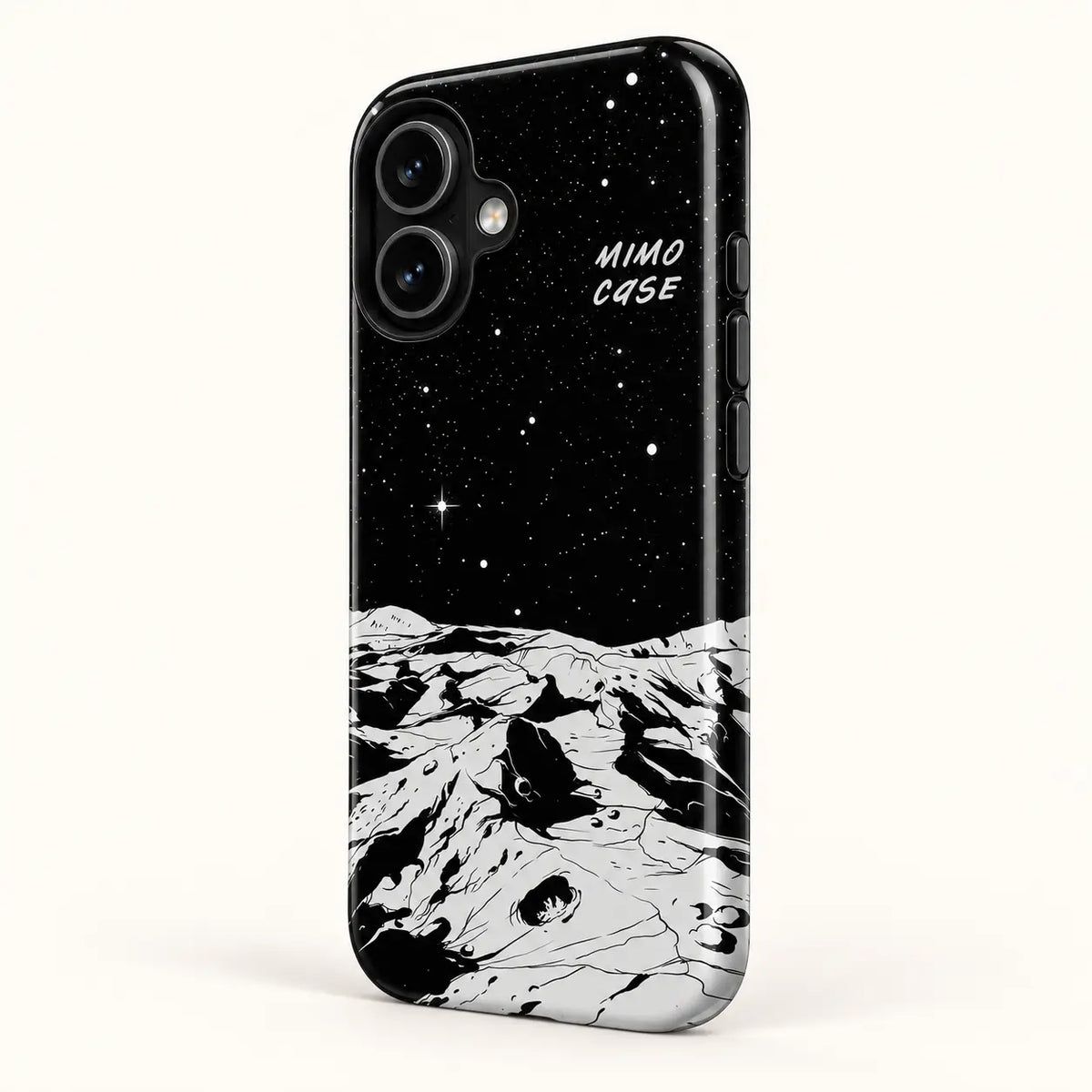 Side view of monochrome lunar landscape phone case with three button covers