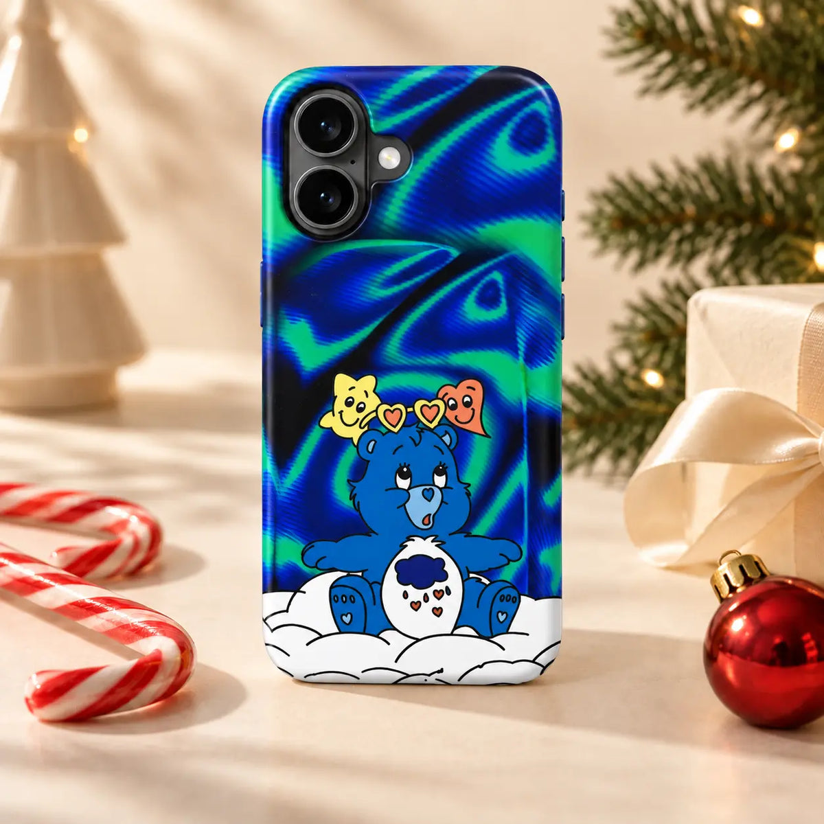 Blue Holiday Bear Christmas phone case in a warm holiday tabletop setting