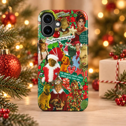 Red and green Christmas collage phone case in a warm festive tabletop setting
