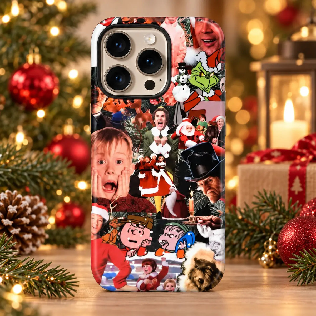 Classic Christmas movie collage phone case in a warm festive tabletop setting