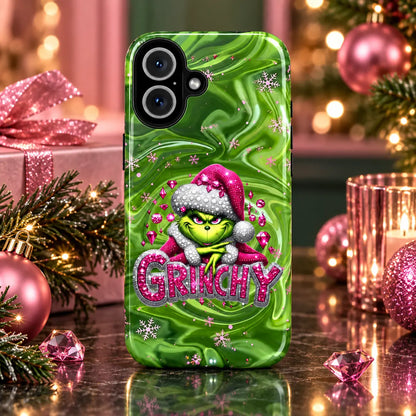Grinchy Pink Jewel Christmas phone case displayed in an elegant pink-and-green holiday setting