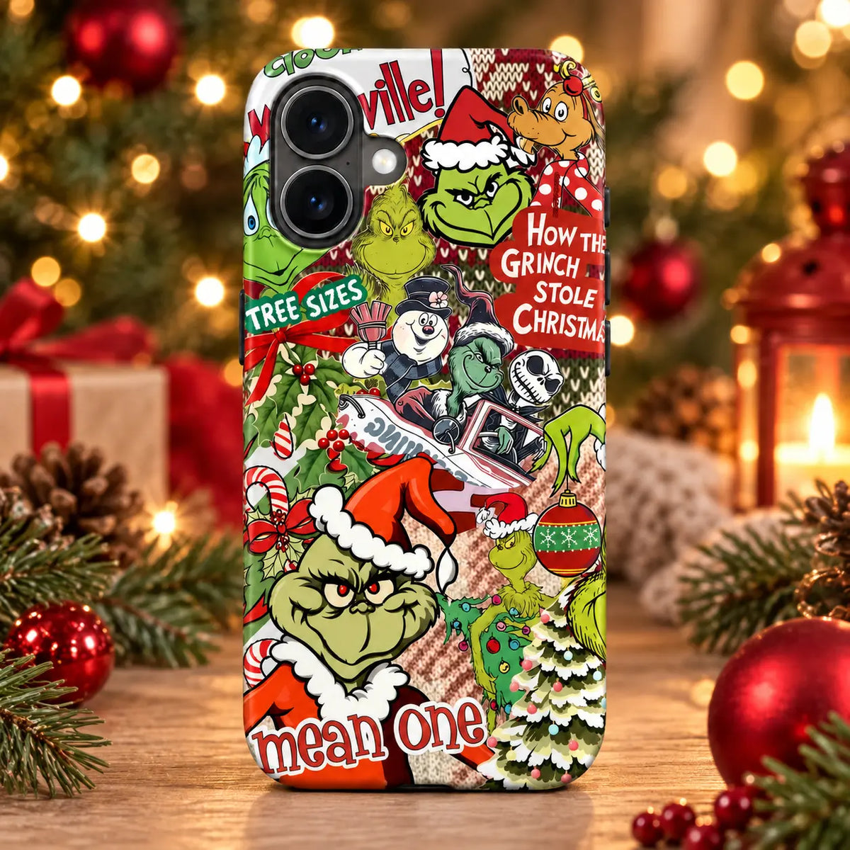 Mean One Christmas collage phone case in a warm festive tabletop setting