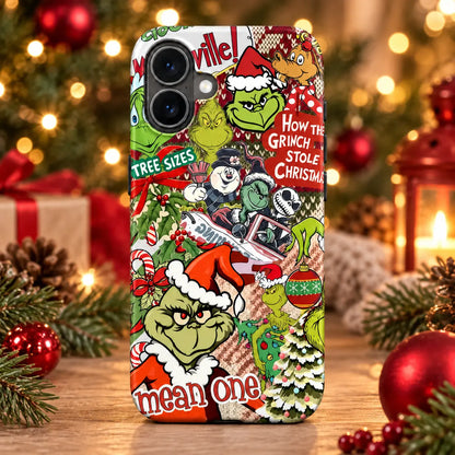Mean One Christmas collage phone case in a warm festive tabletop setting