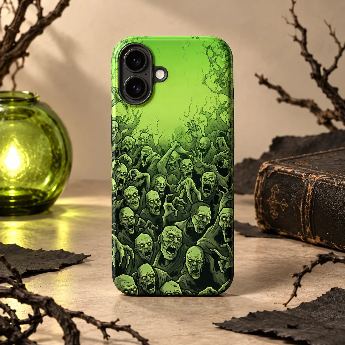 Toxic Green Undead Horde phone case displayed with dark horror props