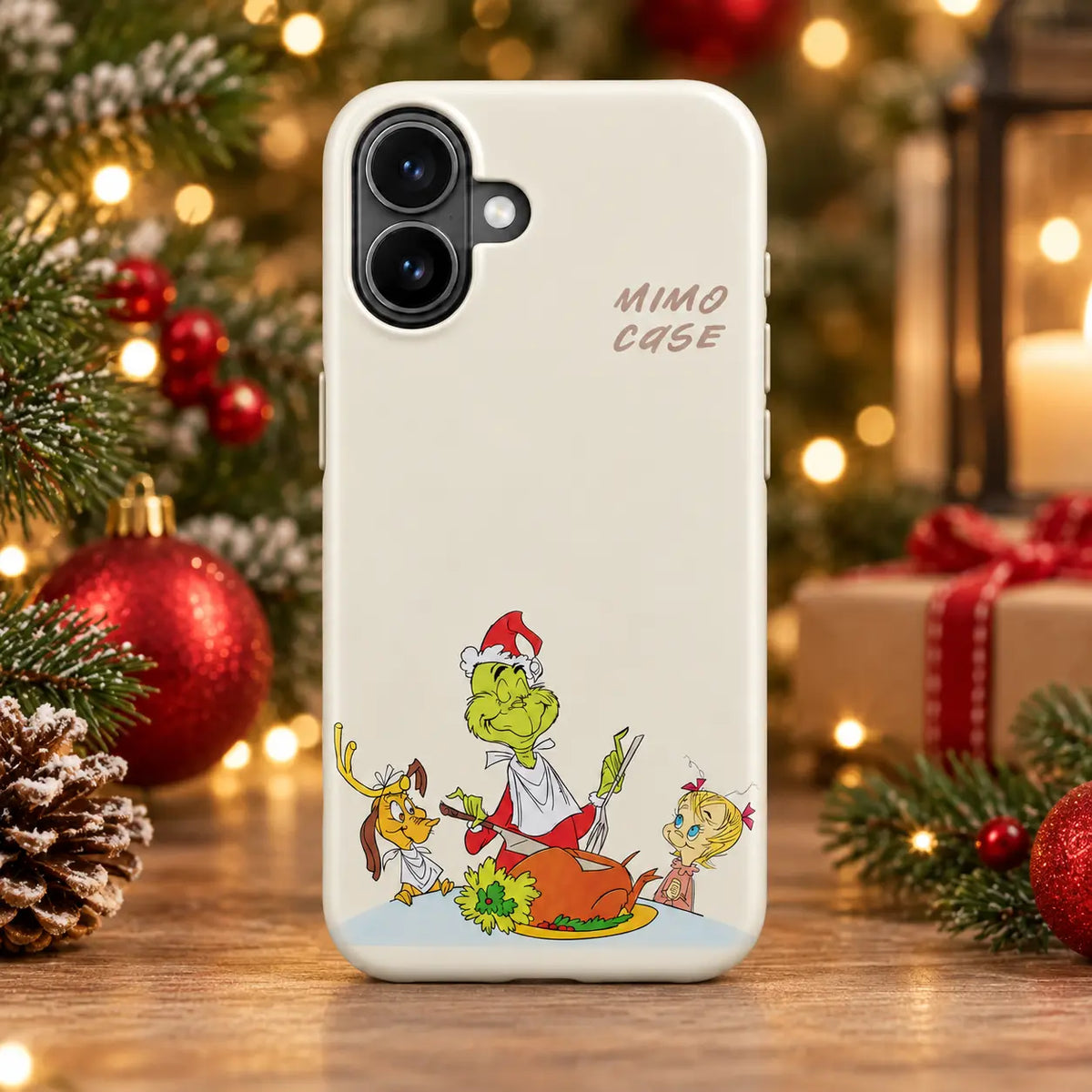 Minimal Christmas dinner phone case in a warm festive tabletop setting