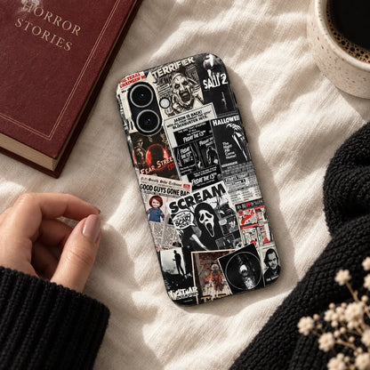 Vintage horror collage iPhone case displayed on warm white linen