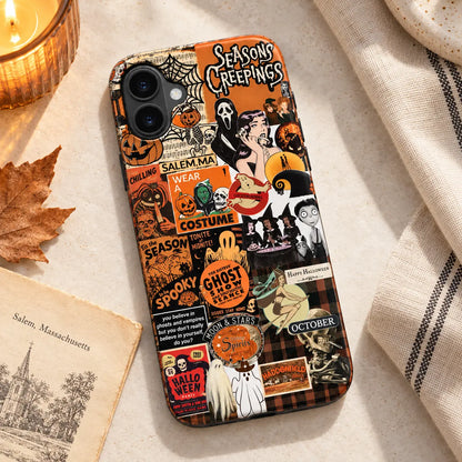 Salem Halloween collage iPhone case styled on a warm autumn tabletop