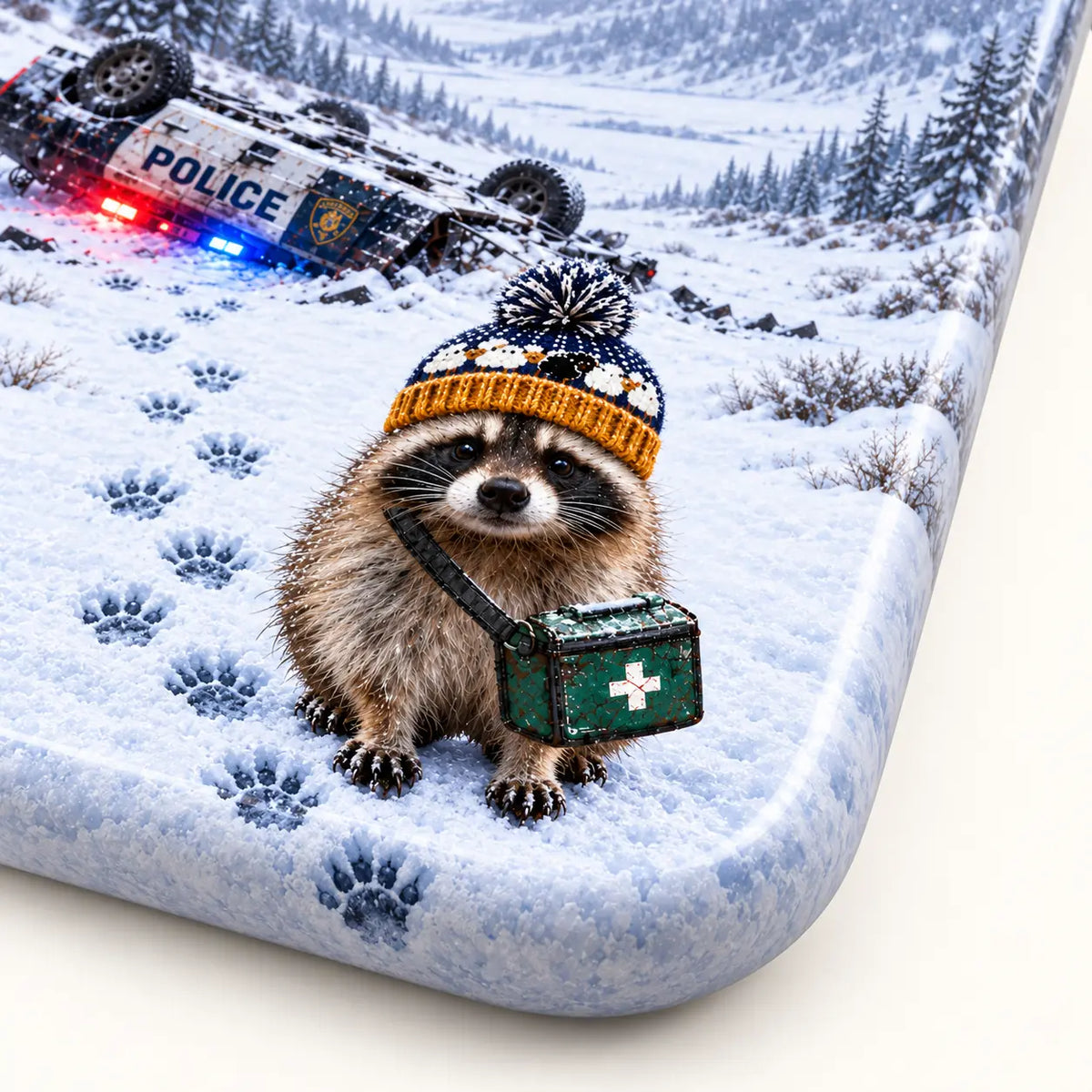 Rounded iPhone corner showing continuous snow print beside the green satchel