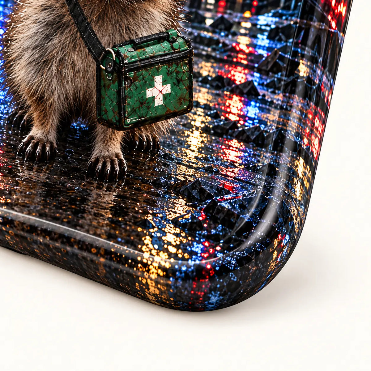 Rounded iPhone corner with continuous wet-street print and green satchel detail