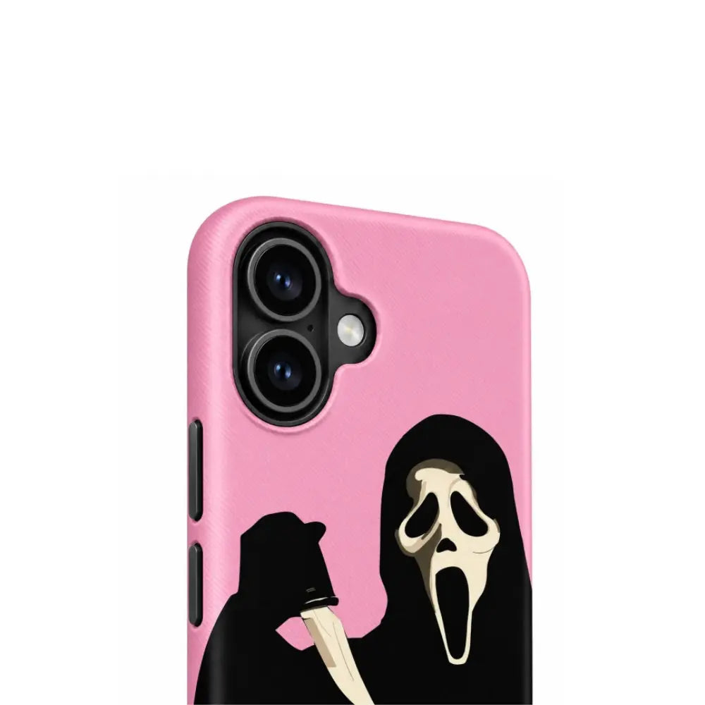 Connected iPhone dual-camera housing detail on pink horror phone case