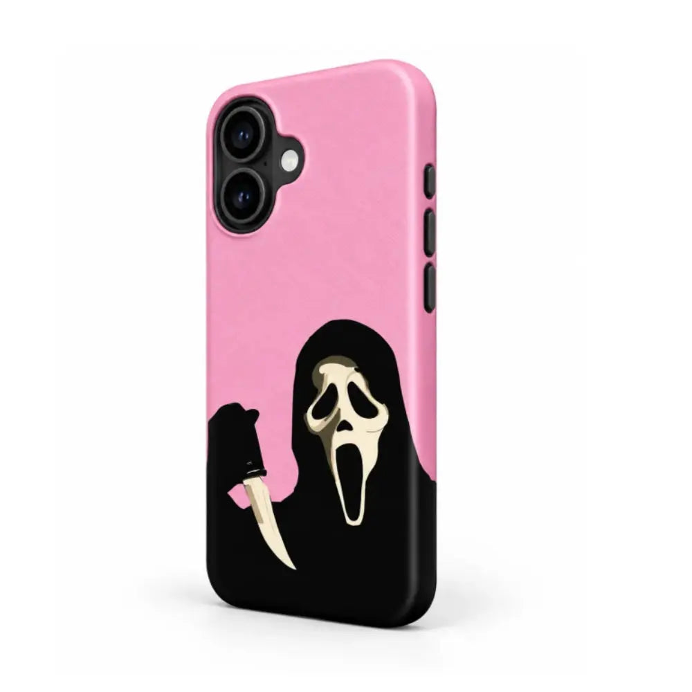Side button detail of pink scream mask film phone case