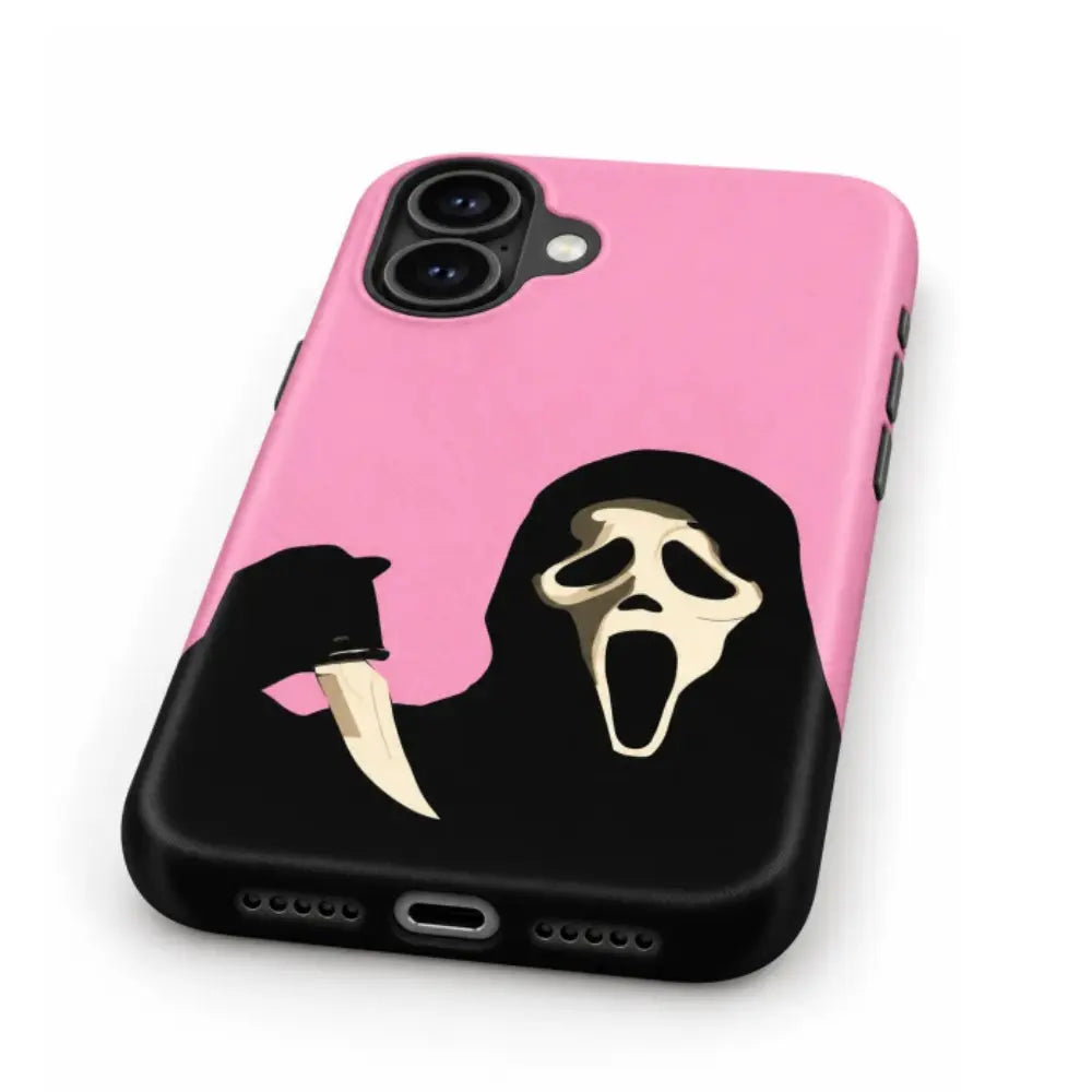 Bottom charging port and speaker detail of pink horror phone case
