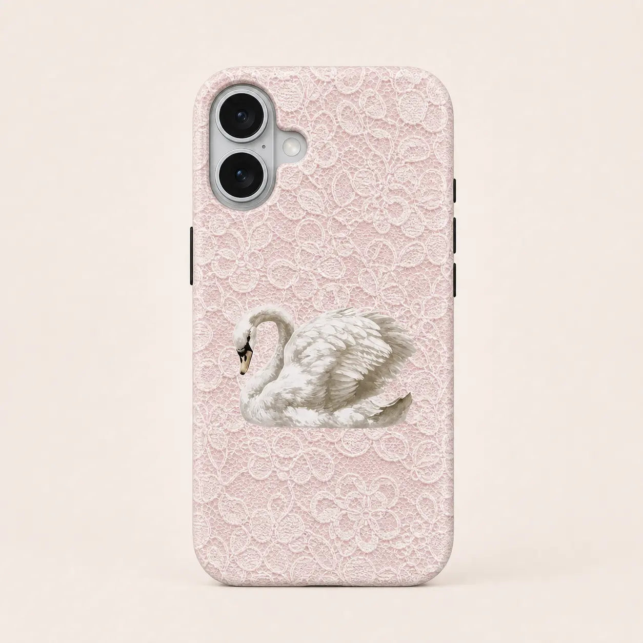 Blush Lace Rococo Swan Phone Case with pink lace texture and swan illustration