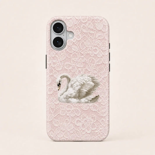 Blush Lace Rococo Swan Phone Case with pink lace texture and swan illustration