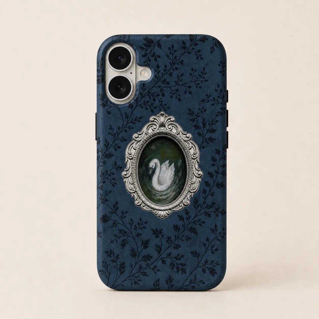 Midnight Rococo Swan Phone Case with navy floral background and silver frame