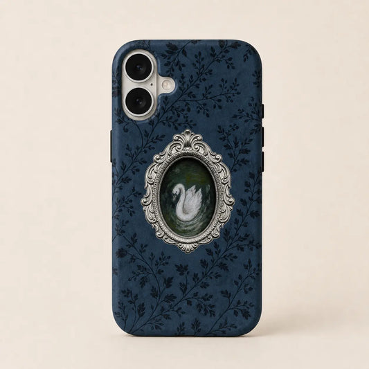 Midnight Rococo Swan Phone Case with navy floral background and silver frame