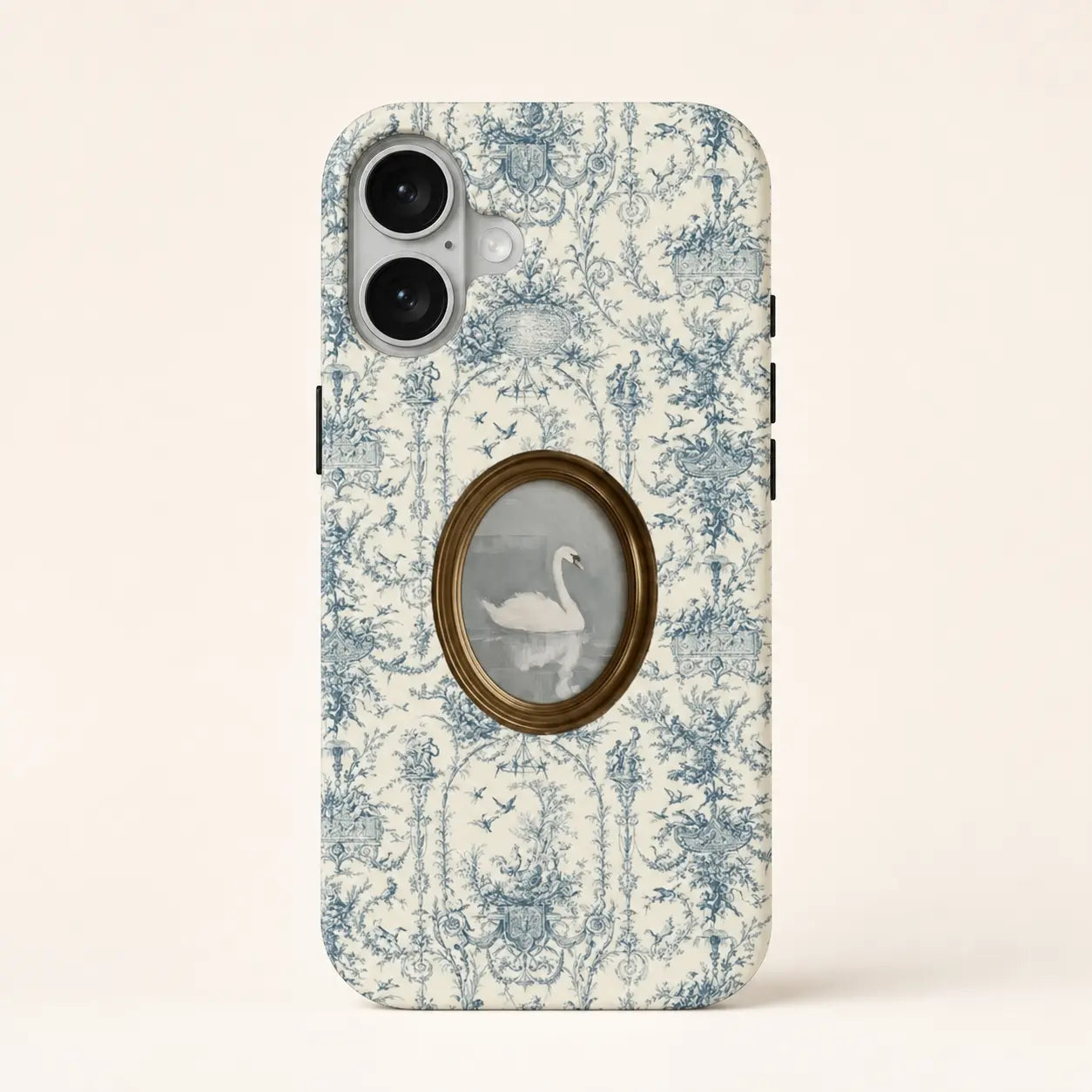 Porcelain Rococo Swan Phone Case with blue toile pattern and oval swan portrait