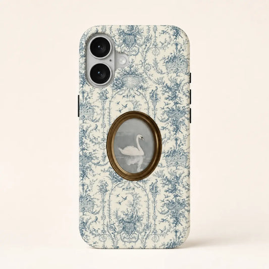 Porcelain Rococo Swan Phone Case with blue toile pattern and oval swan portrait
