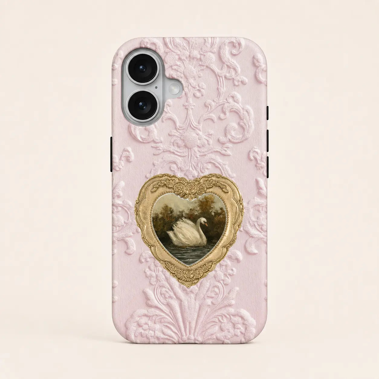 Blush Heart Rococo Swan Phone Case with pink texture and gold heart frame