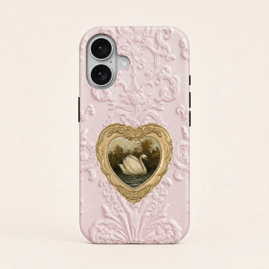 Blush Heart Rococo Swan Phone Case with pink texture and gold heart frame
