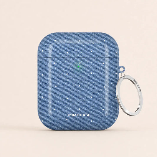 blue jean AirPods case, denim AirPods case, polka dot AirPods case, cute AirPods case, protective AirPods case, AirPods case with keyring, MIMOCASE