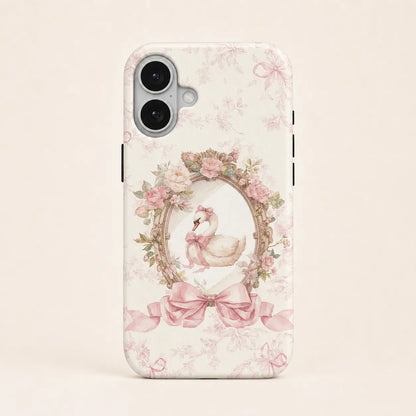Pink Ribbon Rococo Swan Phone Case with floral frame and bow details