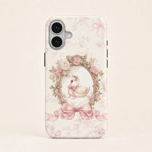 Pink Ribbon Rococo Swan Phone Case with floral frame and bow details