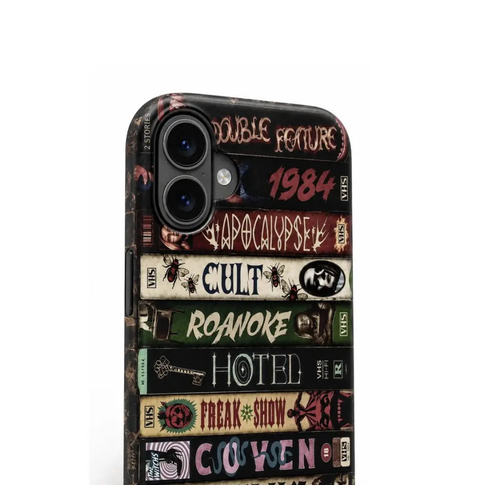 Connected iPhone dual-camera housing detail on vintage horror VHS phone case