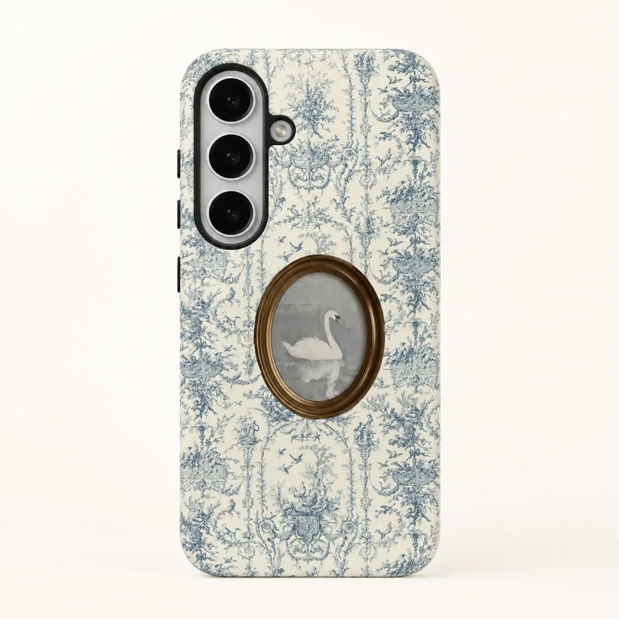 Porcelain Rococo Swan Phone Case with blue toile pattern and oval swan portrait