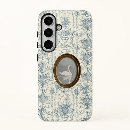 Porcelain Rococo Swan Phone Case with blue toile pattern and oval swan portrait