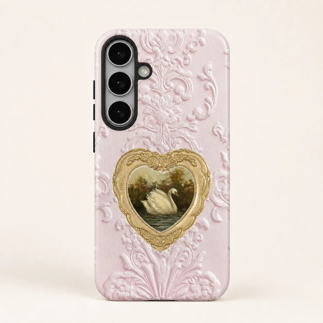Blush Heart Rococo Swan Phone Case with pink texture and gold heart frame