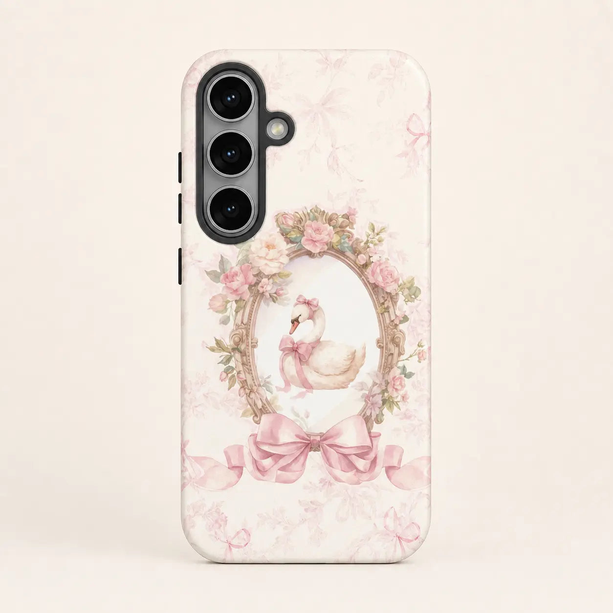 Pink Ribbon Rococo Swan Phone Case with floral frame and bow details