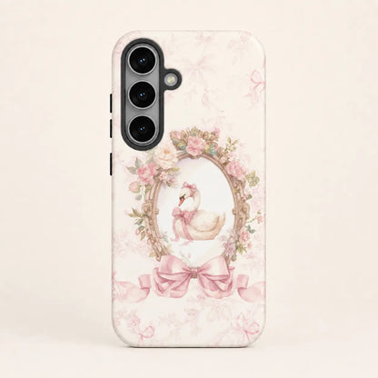Pink Ribbon Rococo Swan Phone Case with floral frame and bow details