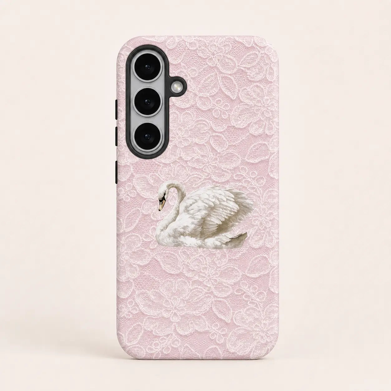 Blush Lace Rococo Swan Phone Case with pink lace texture and swan illustration