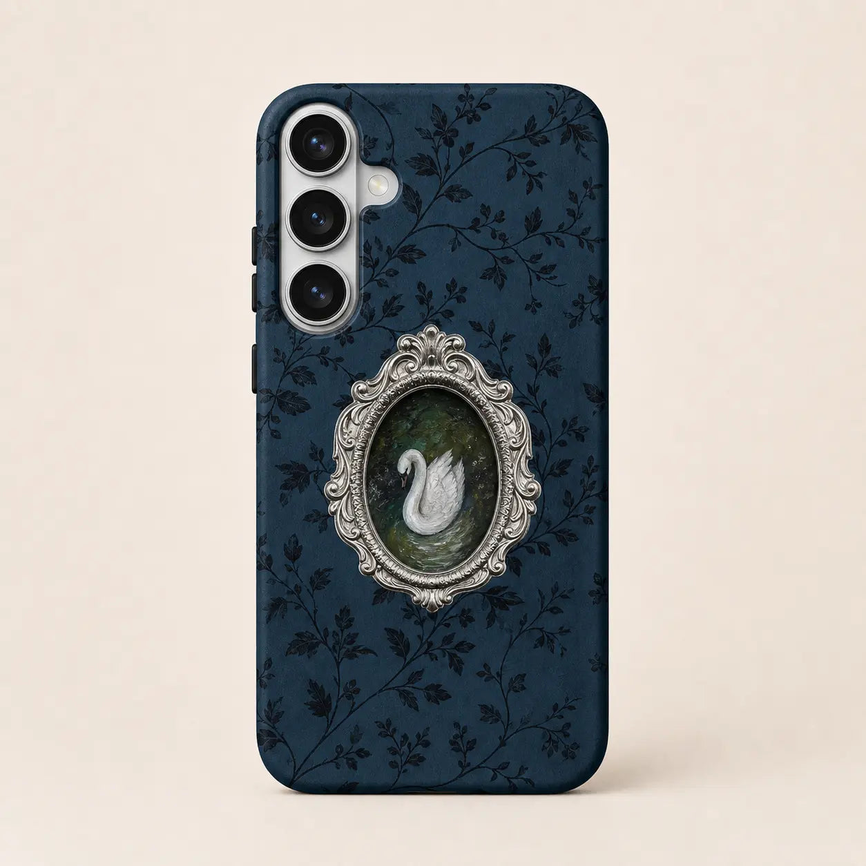 Midnight Rococo Swan Phone Case with navy floral background and silver frame