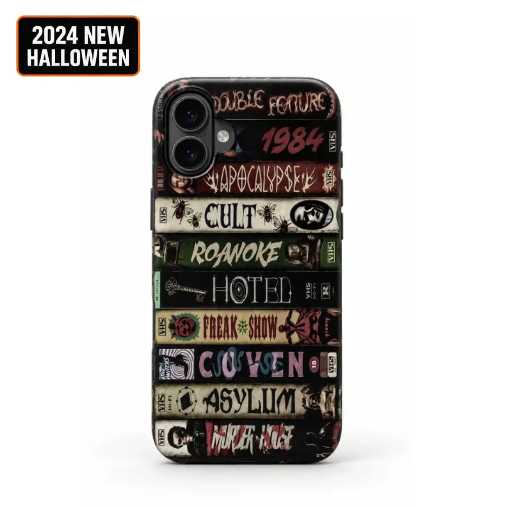 Vintage horror VHS book spine phone case for iPhone with 2024 New Halloween badge