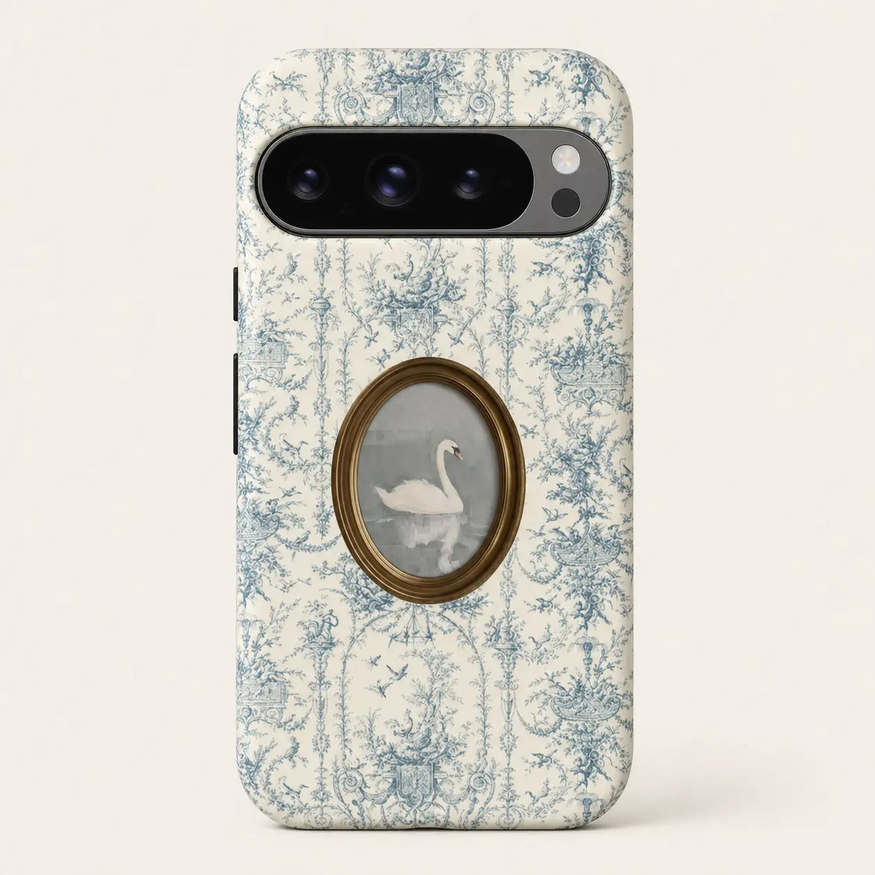 Porcelain Rococo Swan Phone Case with blue toile pattern and oval swan portrait