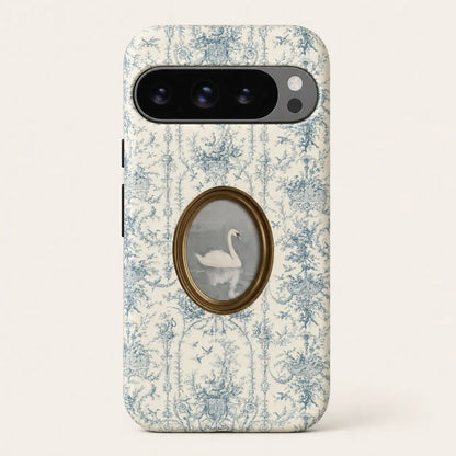 Porcelain Rococo Swan Phone Case with blue toile pattern and oval swan portrait