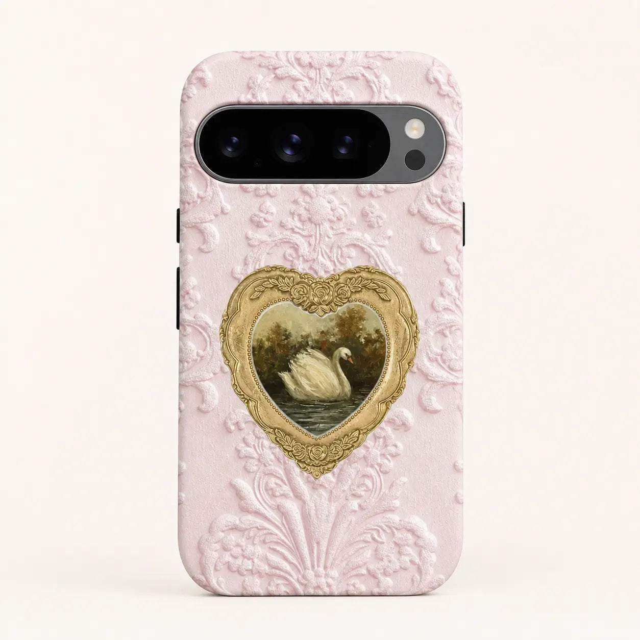 Blush Heart Rococo Swan Phone Case with pink texture and gold heart frame