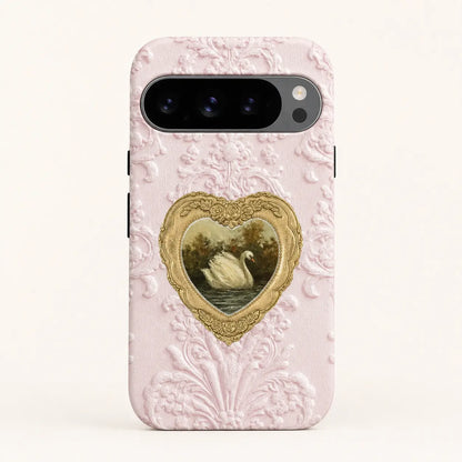 Blush Heart Rococo Swan Phone Case with pink texture and gold heart frame