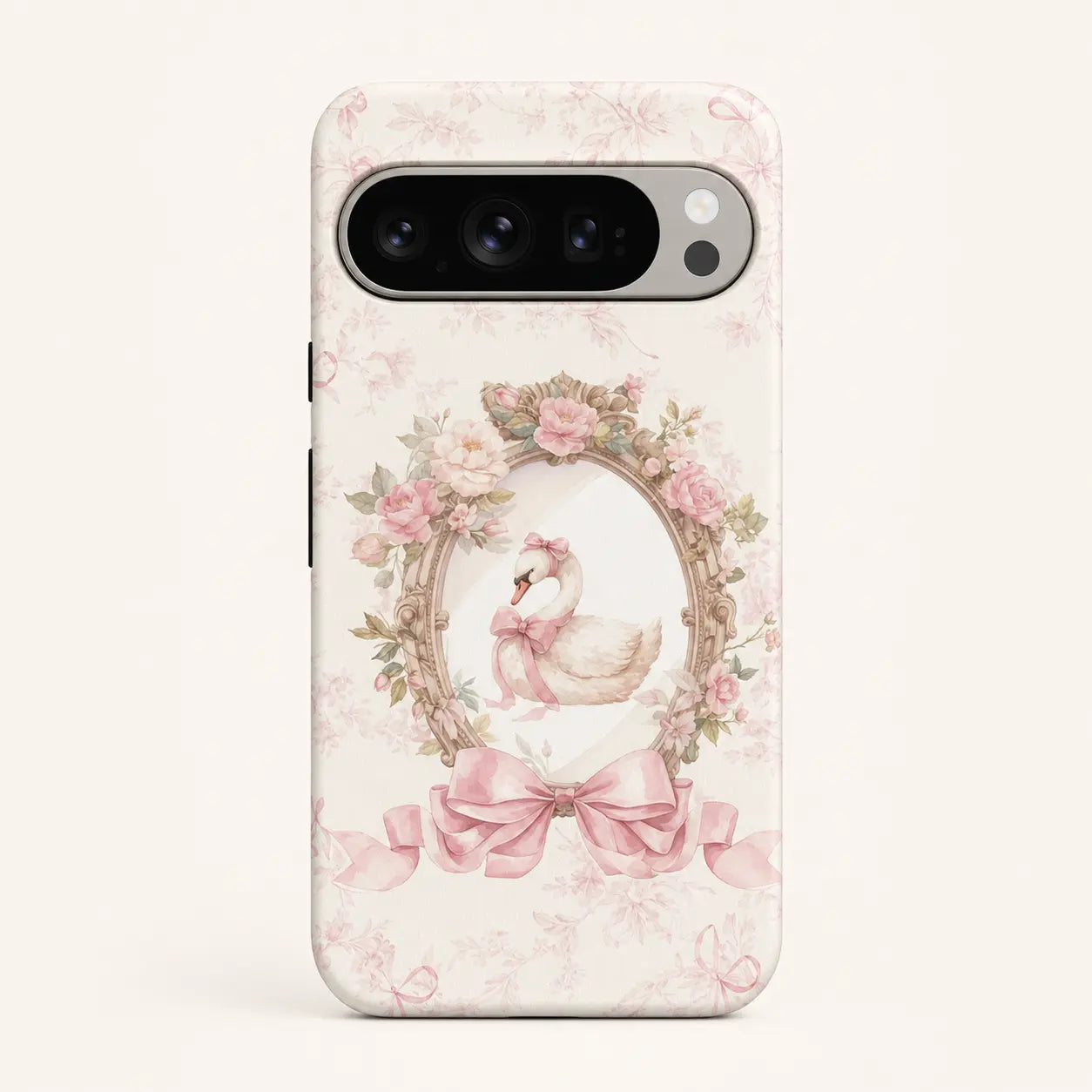 Pink Ribbon Rococo Swan Phone Case with floral frame and bow details