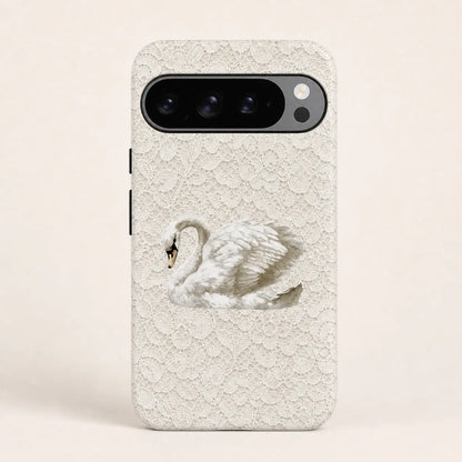 White Lace Rococo Swan Phone Case with white lace texture and swan design