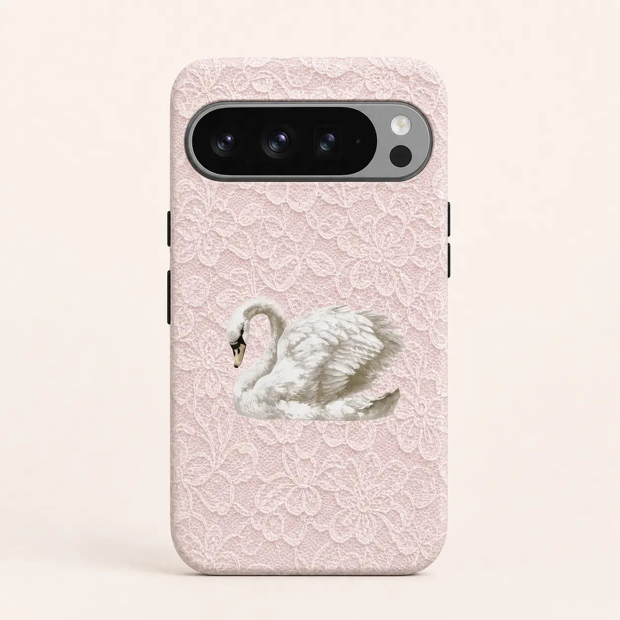 Blush Lace Rococo Swan Phone Case with pink lace texture and swan illustration