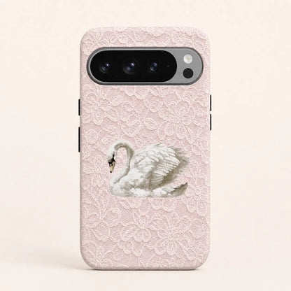 Blush Lace Rococo Swan Phone Case with pink lace texture and swan illustration