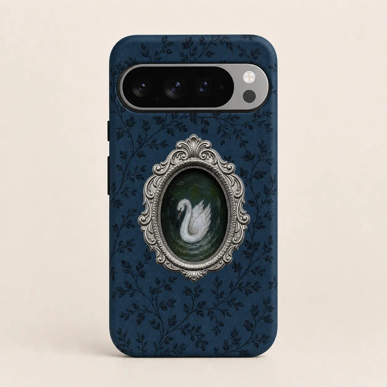 Midnight Rococo Swan Phone Case with navy floral background and silver frame