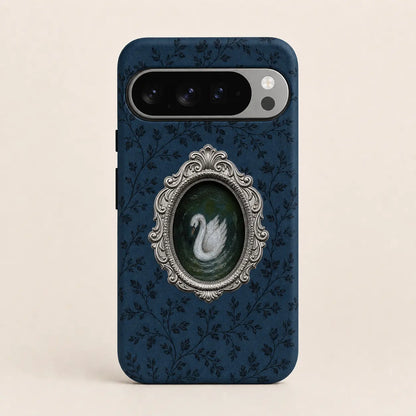 Midnight Rococo Swan Phone Case with navy floral background and silver frame