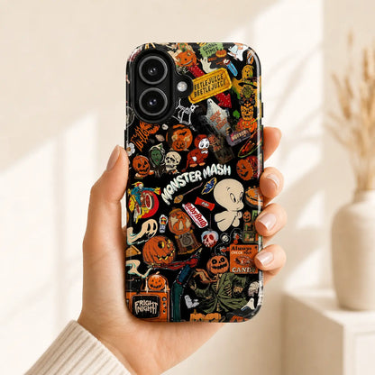 Glossy Halloween sticker bomb phone case with retro orange, cream, green, and black spooky illustrations.